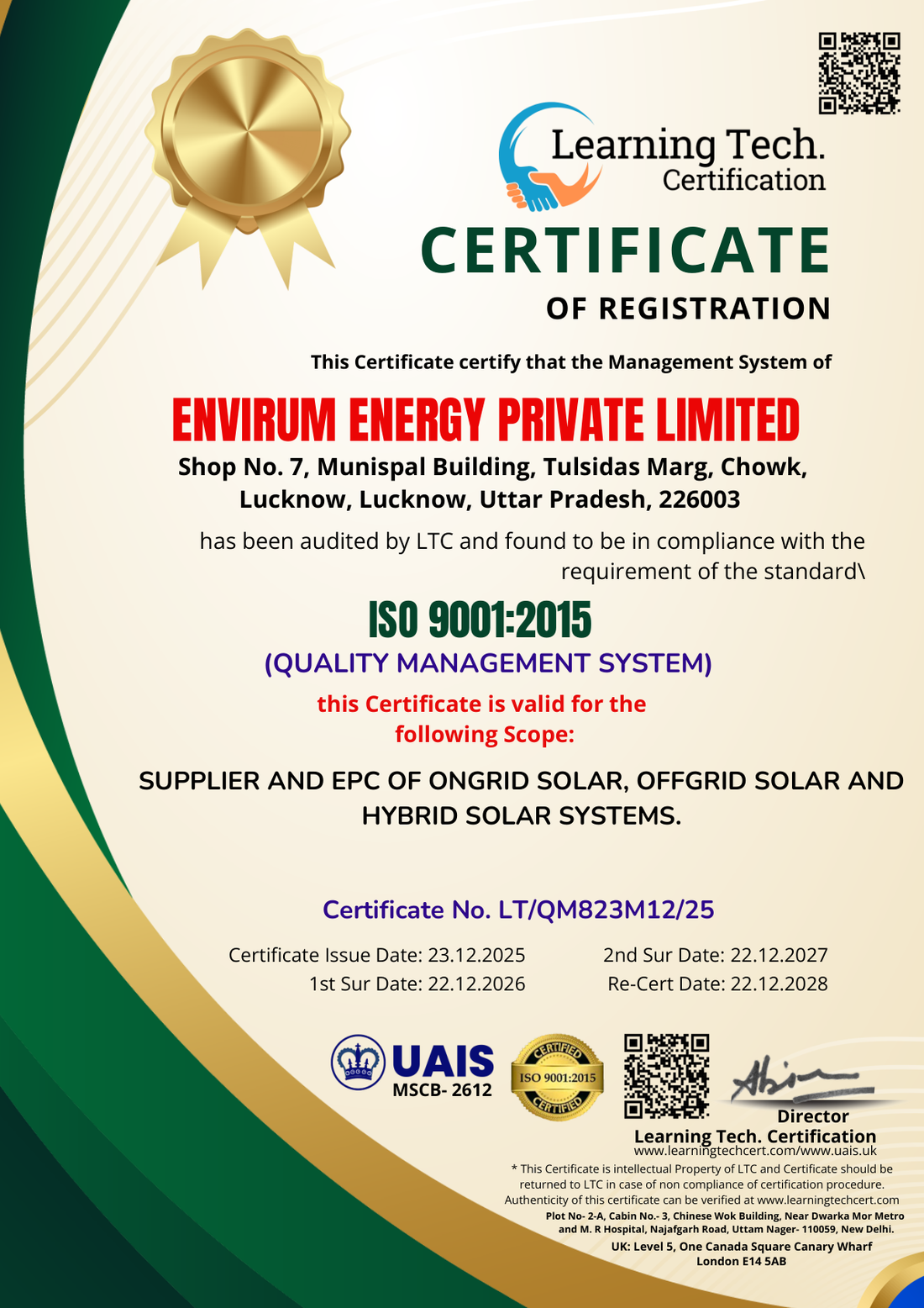 ISO 9001:2015 Certificate for Envirum Energy Private Limited
