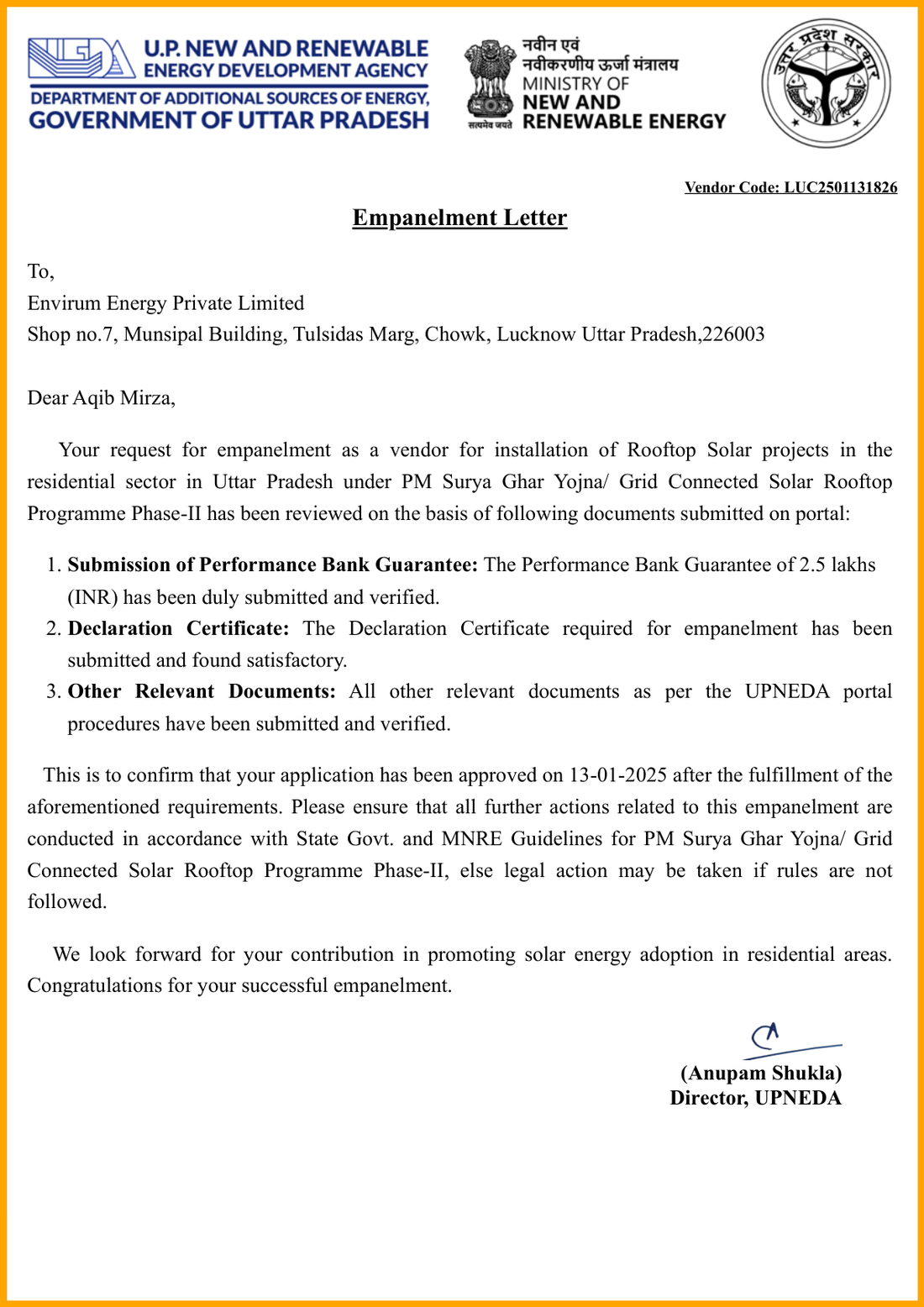 UPNEDA Empanelment Letter for Envirum Energy Private Limited