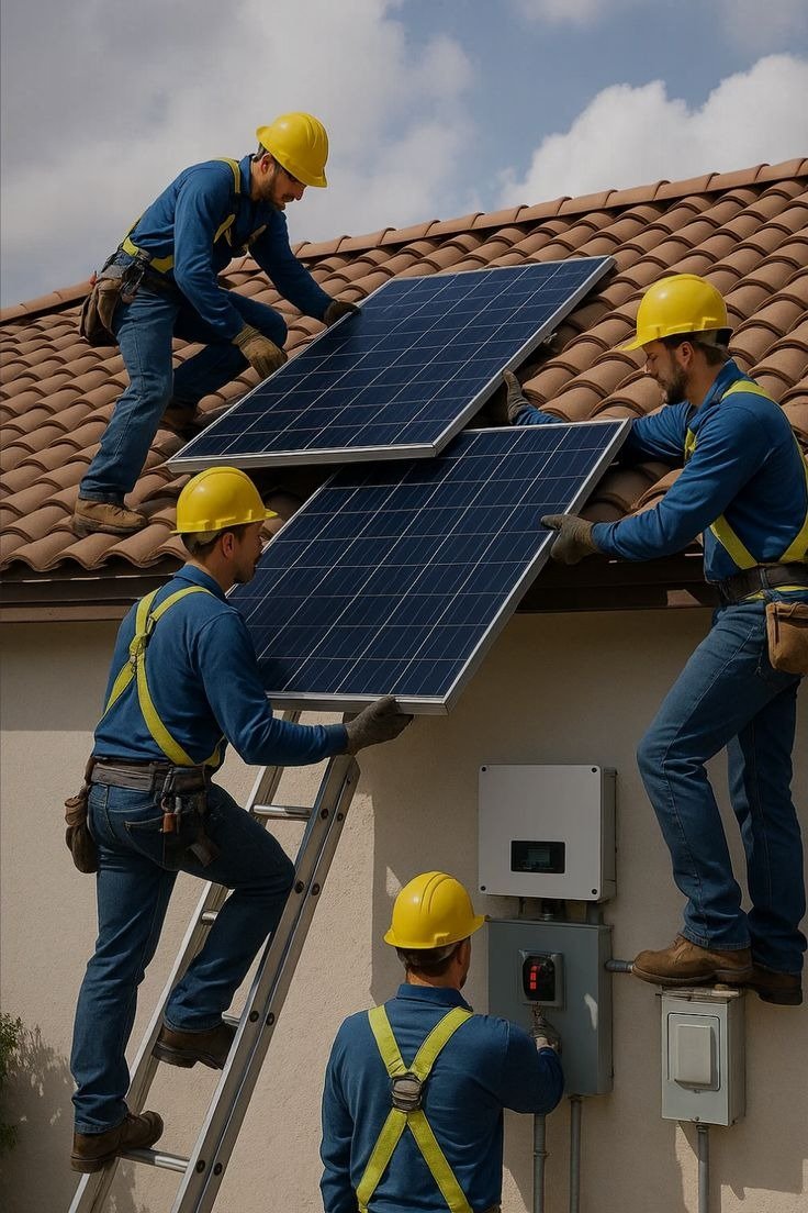 Installers mounting rooftop solar panels