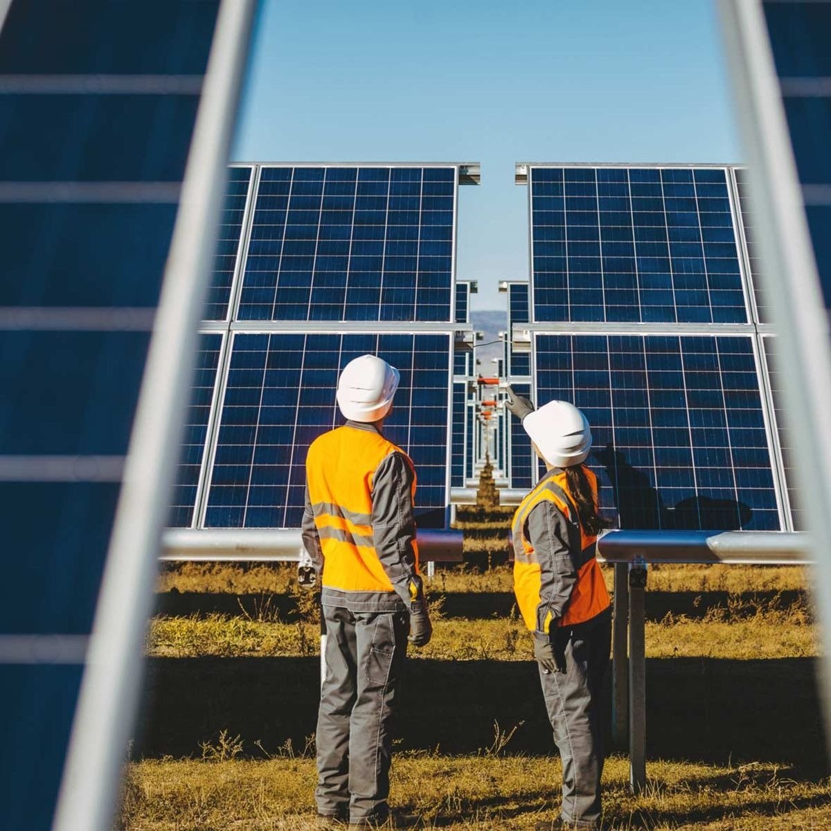 Technicians inspecting a solar panel array